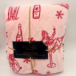 Rachel Roy Pink Red Flannel Plush Blanket Ski Skiers & Cocktails Full Queen